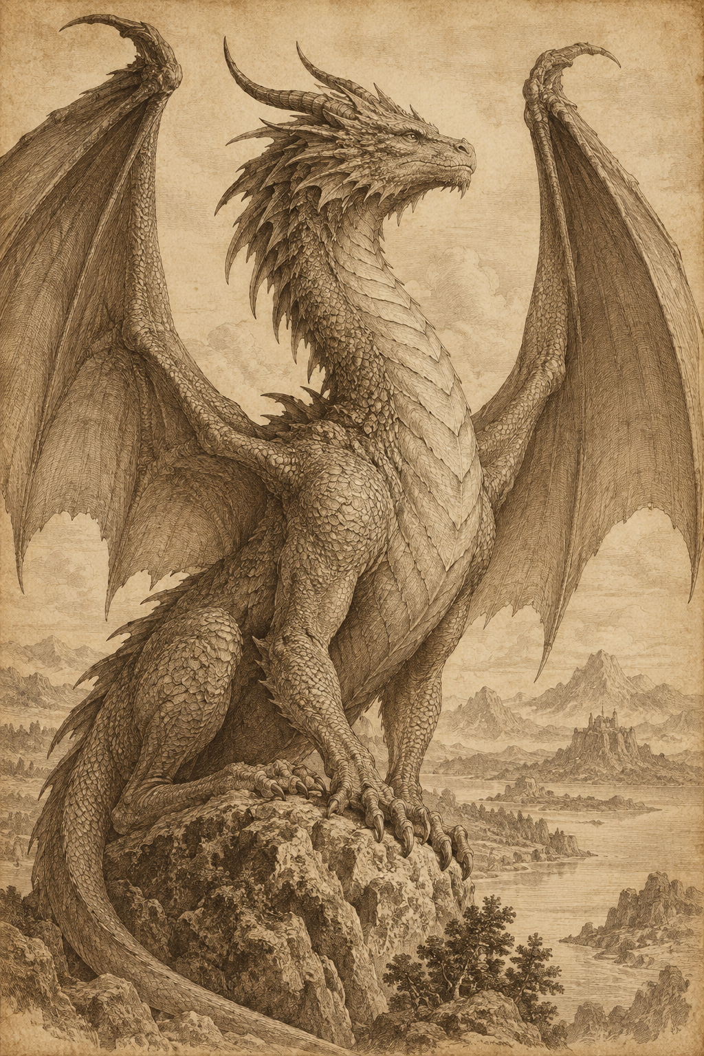 Gravure d’Aelyr, dragon qui vole au-dessus